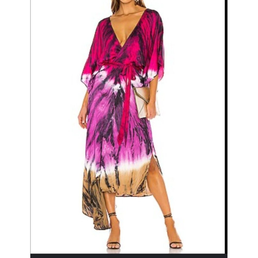 YFB Starla Midi Dress Women size Small Cranberry United Wash Tie-Dye Boho V-Neck